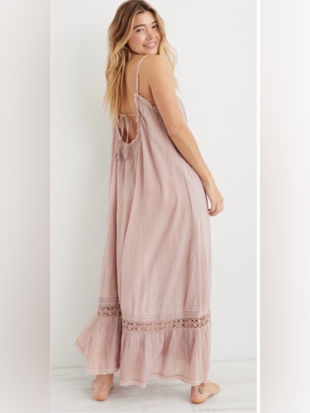 Aerie Dusty Rose CrochetTrim Maxi Dress Size XS 100% Cotton